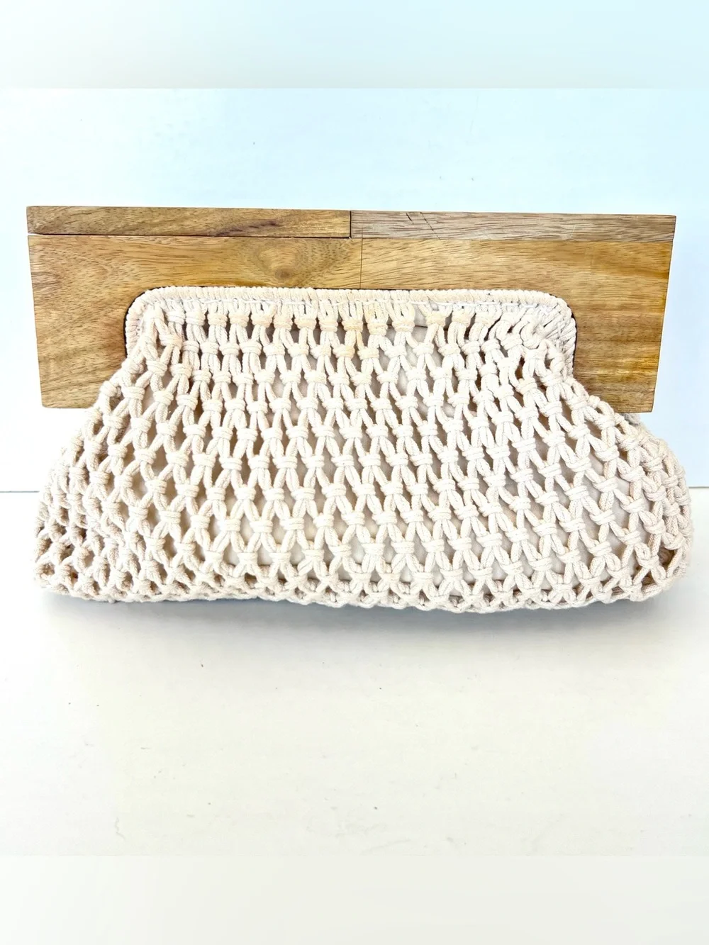 A NEW DAY Cream Macrame Crochet Woven 100% Cotton Wood Handles Handbag Clutch